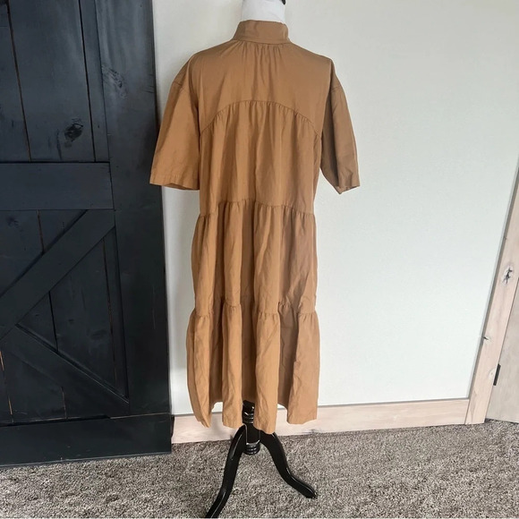NWOT EVERLANE Tiered Mockneck Short Sleeve Dress Toasted Coconut Brown Small - Picture 3 of 8